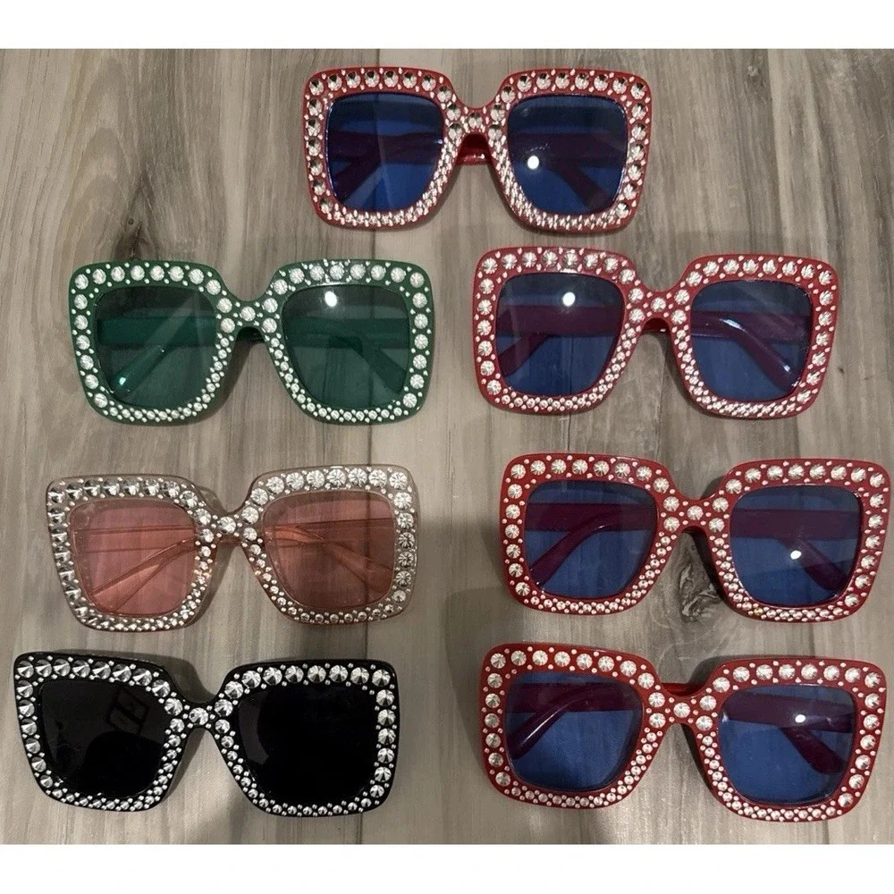 Lot of 7 Rhinestone Oversized Square Sunglasses UV400–BNWT-Red,Green,Pink&Black